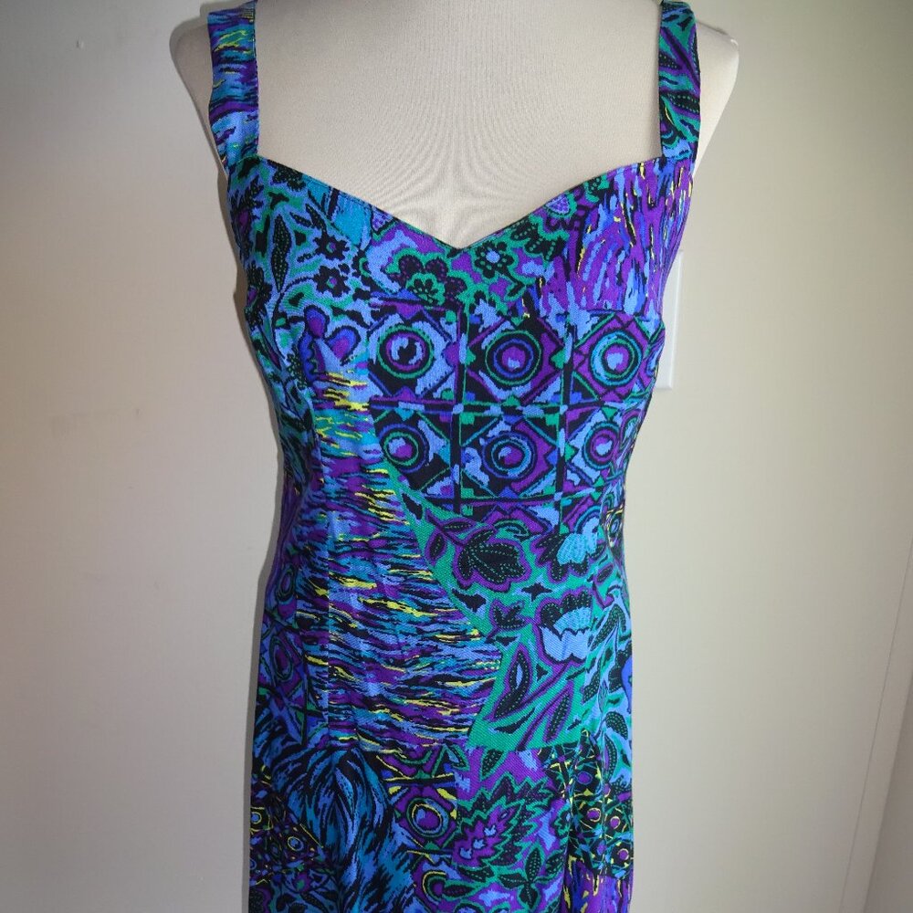 Vintage 1980s Juniors Womens Young Edwardian Dress 11 XS S Purple Blue Green USA
